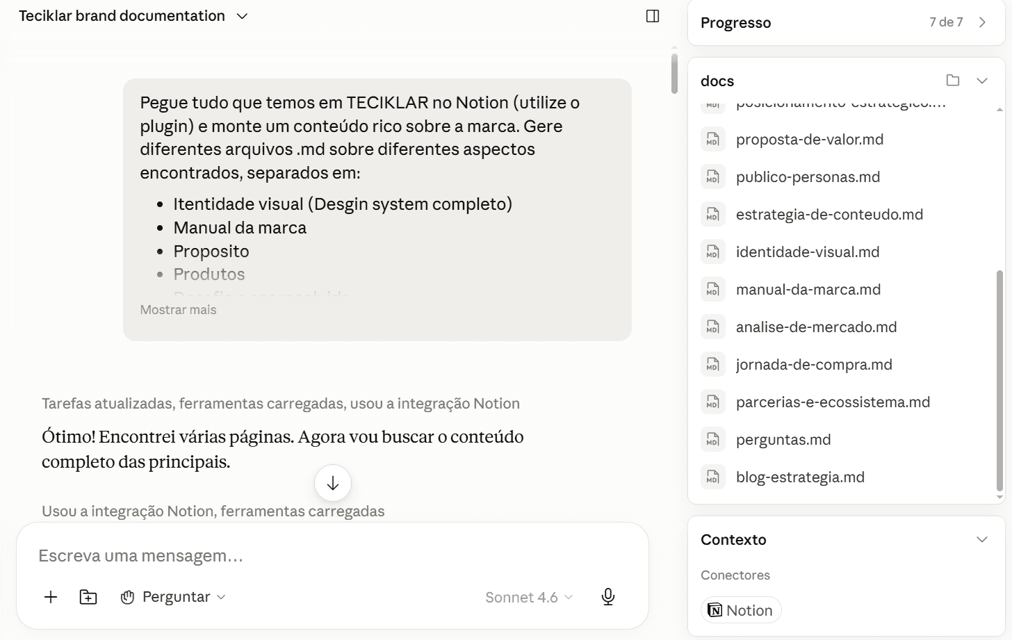 Claude Cowork lendo o workspace da marca no Notion e gerando os arquivos .md na pasta docs